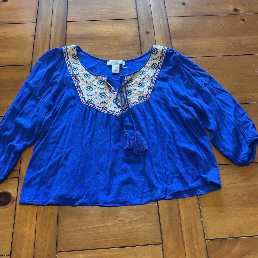 Flying Tomato Boho Peasant Top Bundle Large Blue & Cream Embroidered Tassel Tops
